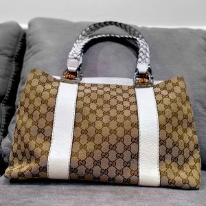 Authentic Gucci GG Bamboo Brown and White Tote Excellent Condition